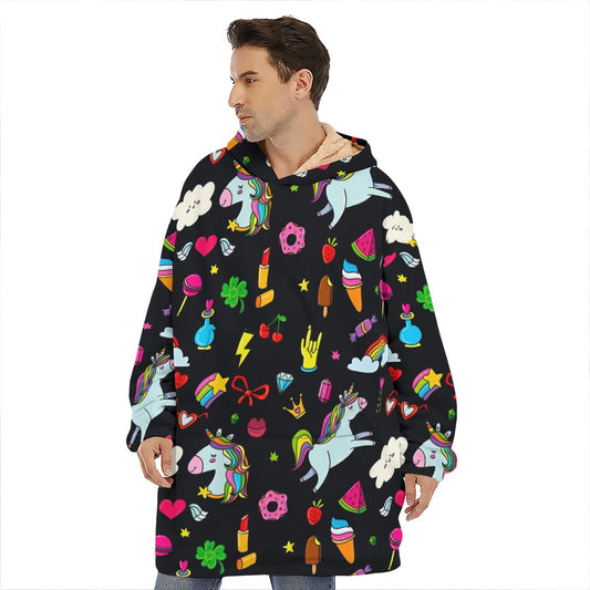 Black Girly Unicorn Pattern Print Hoodie Blanket