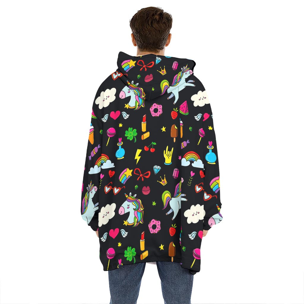 Black Girly Unicorn Pattern Print Hoodie Blanket