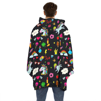 Black Girly Unicorn Pattern Print Hoodie Blanket