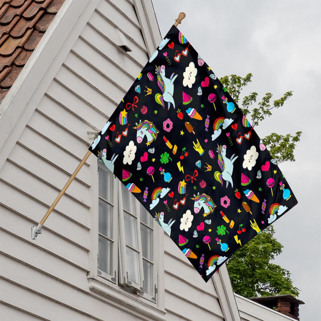 Black Girly Unicorn Pattern Print House Flag