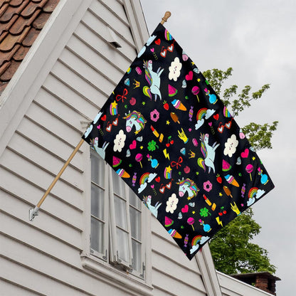 Black Girly Unicorn Pattern Print House Flag