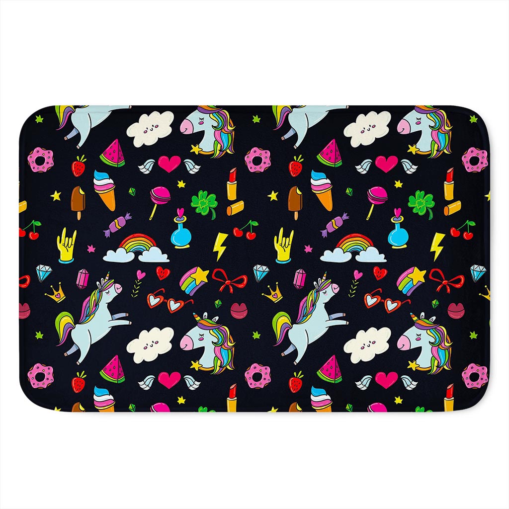 Black Girly Unicorn Pattern Print Indoor Door Mat