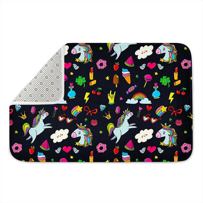 Black Girly Unicorn Pattern Print Indoor Door Mat