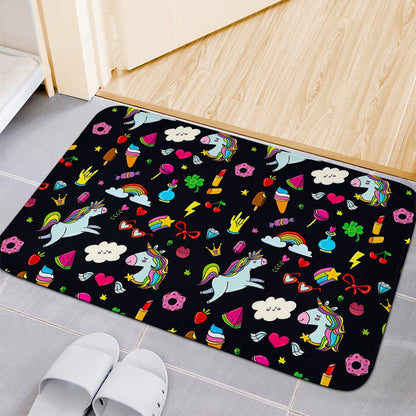 Black Girly Unicorn Pattern Print Indoor Door Mat