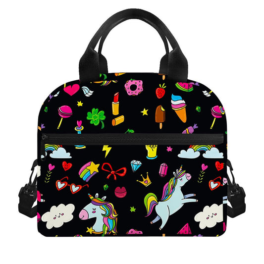 Black Girly Unicorn Pattern Print Insulated Lunch Bag