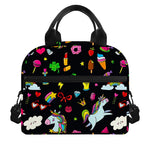 Black Girly Unicorn Pattern Print Insulated Lunch Bag