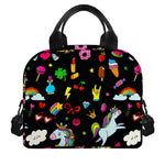 Black Girly Unicorn Pattern Print Insulated Lunch Bag