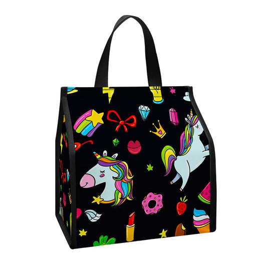 Black Girly Unicorn Pattern Print Insulated Lunch Tote