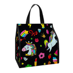 Black Girly Unicorn Pattern Print Insulated Lunch Tote