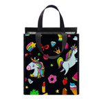 Black Girly Unicorn Pattern Print Insulated Lunch Tote