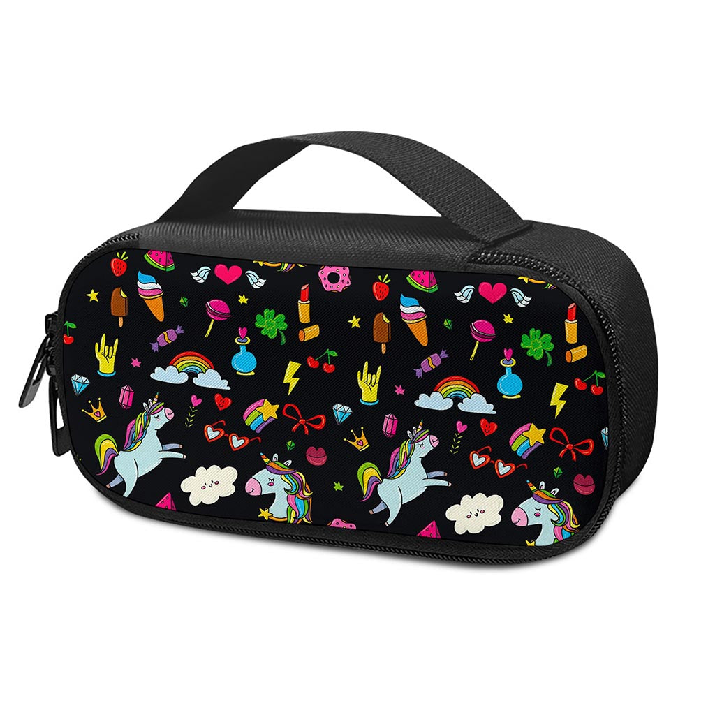 Black Girly Unicorn Pattern Print Insulin Cooler Travel Case