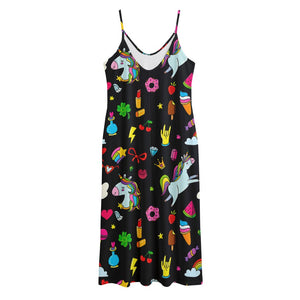 Black Girly Unicorn Pattern Print Jersey Midi Cami Dress