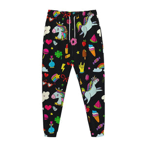 Black Girly Unicorn Pattern Print Jogger Pants