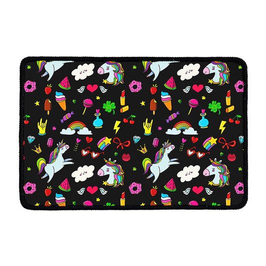 Black Girly Unicorn Pattern Print Kitchen Mat