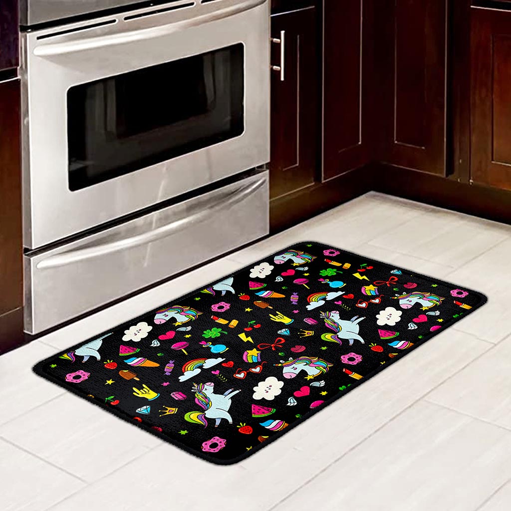 Black Girly Unicorn Pattern Print Kitchen Mat