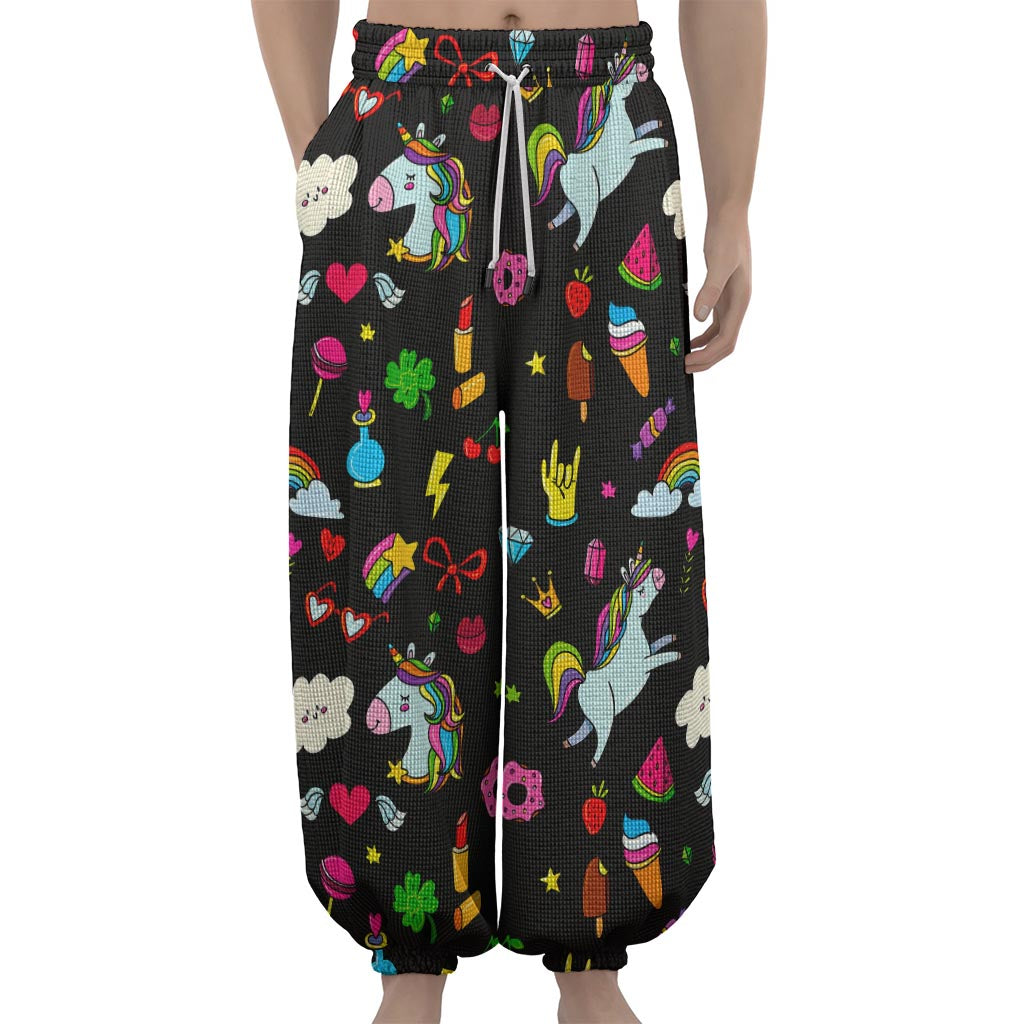 Black Girly Unicorn Pattern Print Lantern Pants