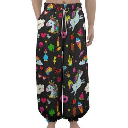 Black Girly Unicorn Pattern Print Lantern Pants