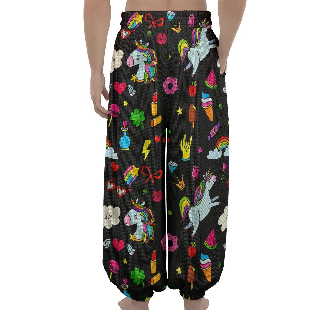 Black Girly Unicorn Pattern Print Lantern Pants
