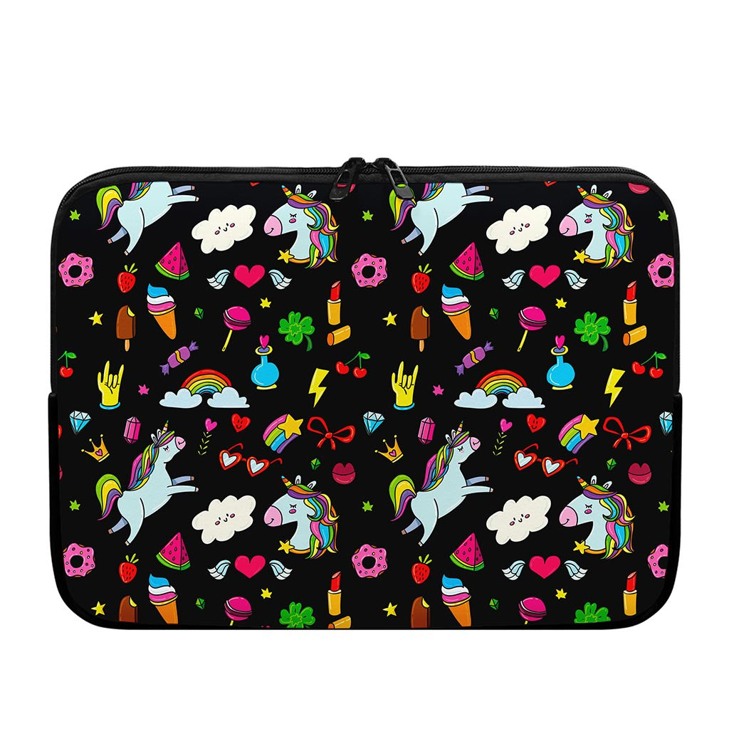 Black Girly Unicorn Pattern Print Laptop Sleeve