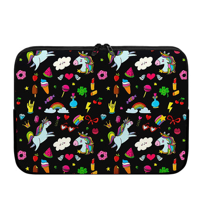 Black Girly Unicorn Pattern Print Laptop Sleeve