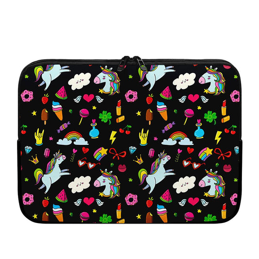 Black Girly Unicorn Pattern Print Laptop Sleeve