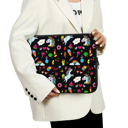 Black Girly Unicorn Pattern Print Laptop Sleeve