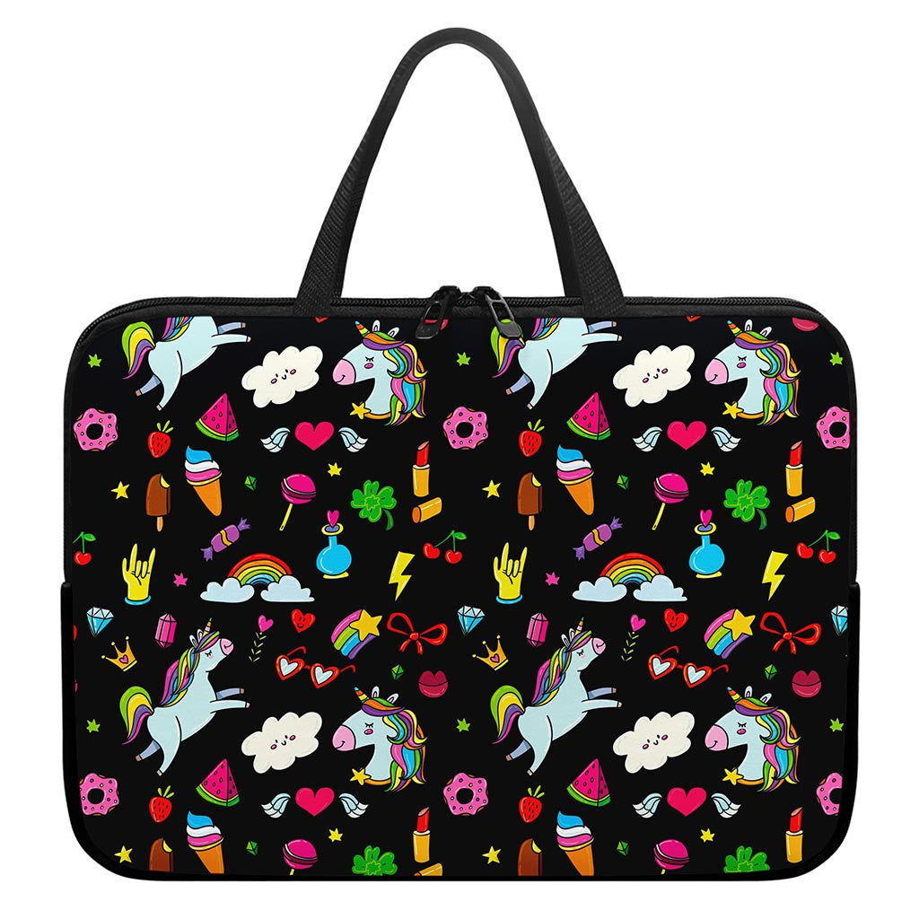 Black Girly Unicorn Pattern Print Laptop Sleeve With Handle
