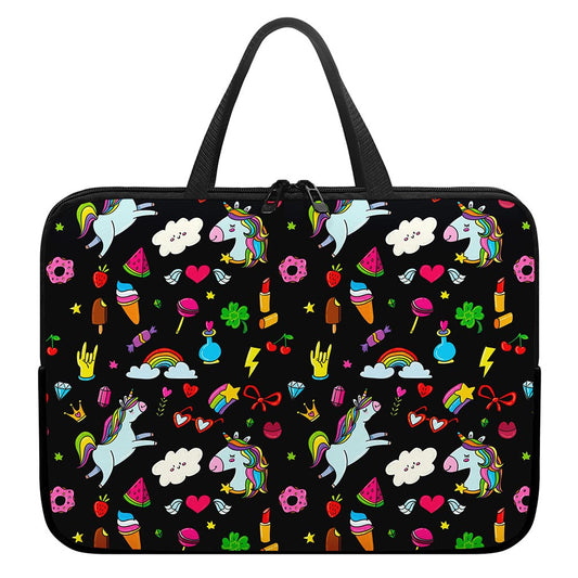 Black Girly Unicorn Pattern Print Laptop Sleeve With Handle