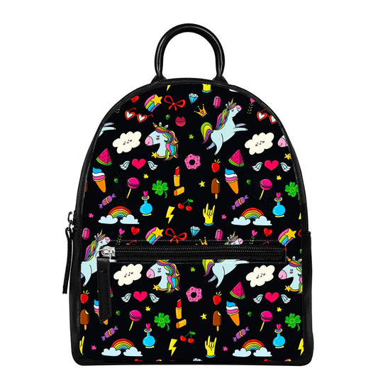 Black Girly Unicorn Pattern Print Leather Backpack