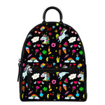 Black Girly Unicorn Pattern Print Leather Backpack
