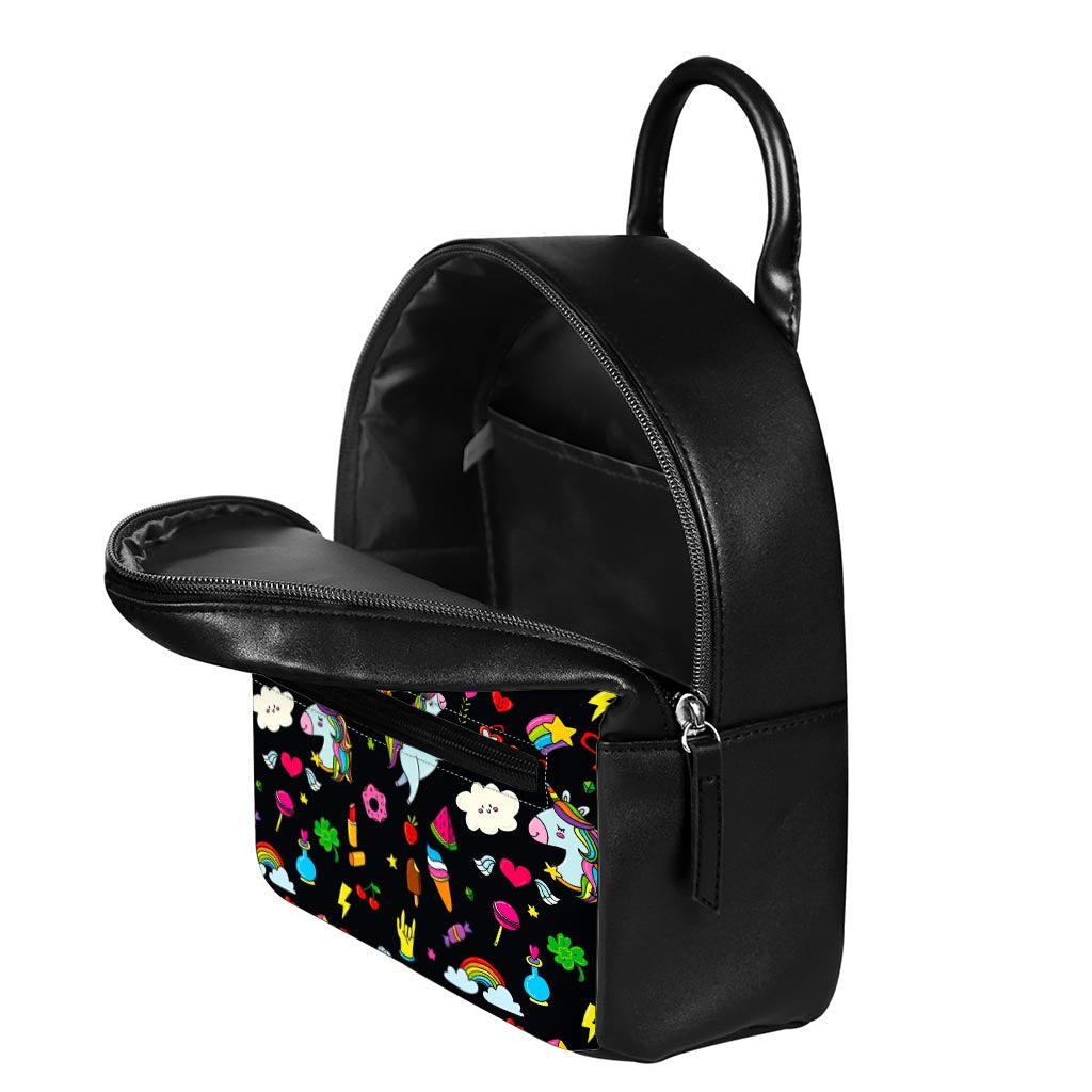 Black Girly Unicorn Pattern Print Leather Backpack