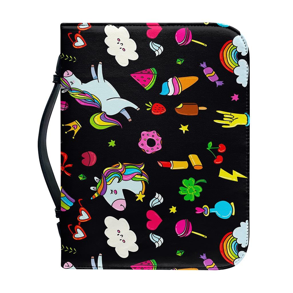 Black Girly Unicorn Pattern Print Leather Bible Cover