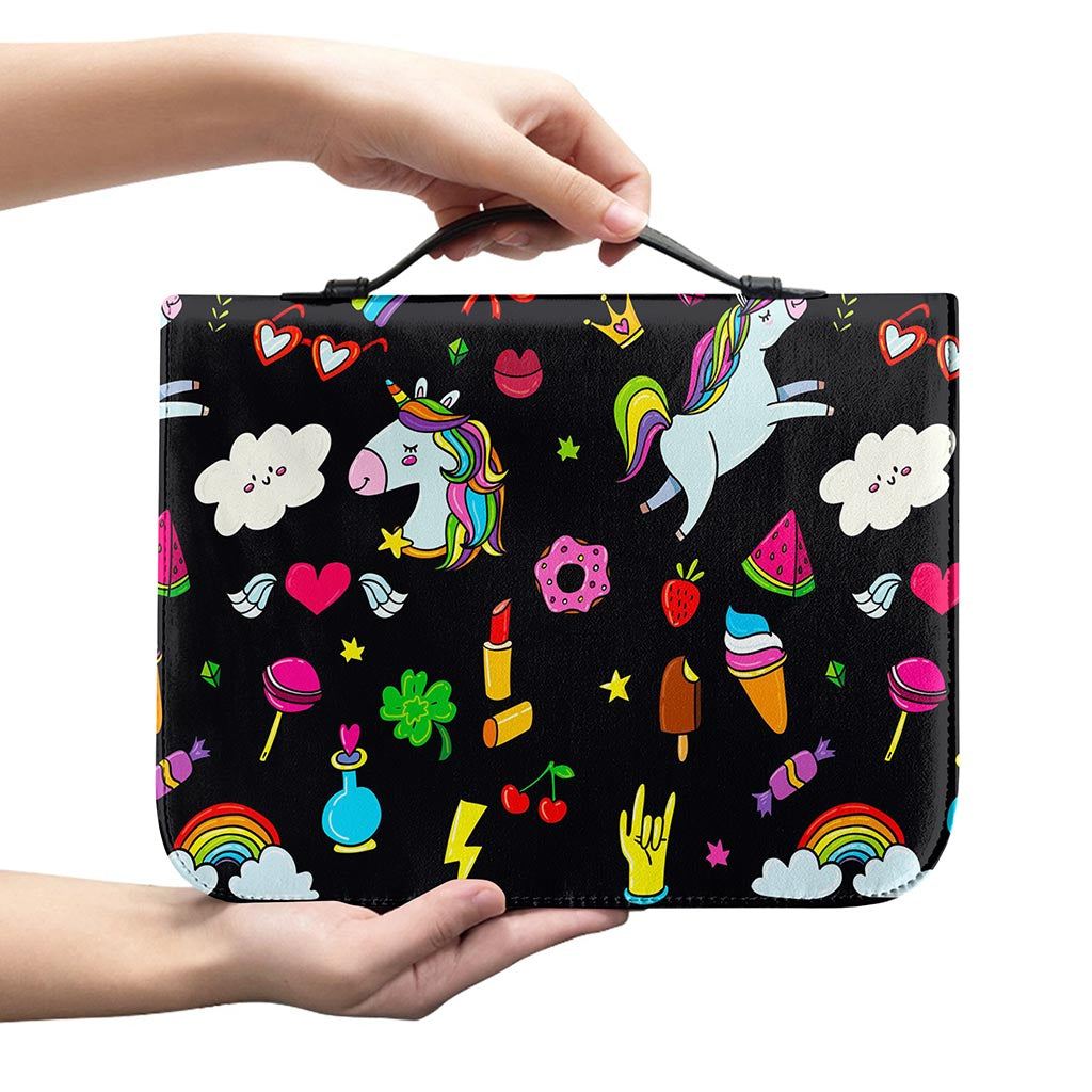 Black Girly Unicorn Pattern Print Leather Bible Cover