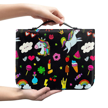 Black Girly Unicorn Pattern Print Leather Bible Cover