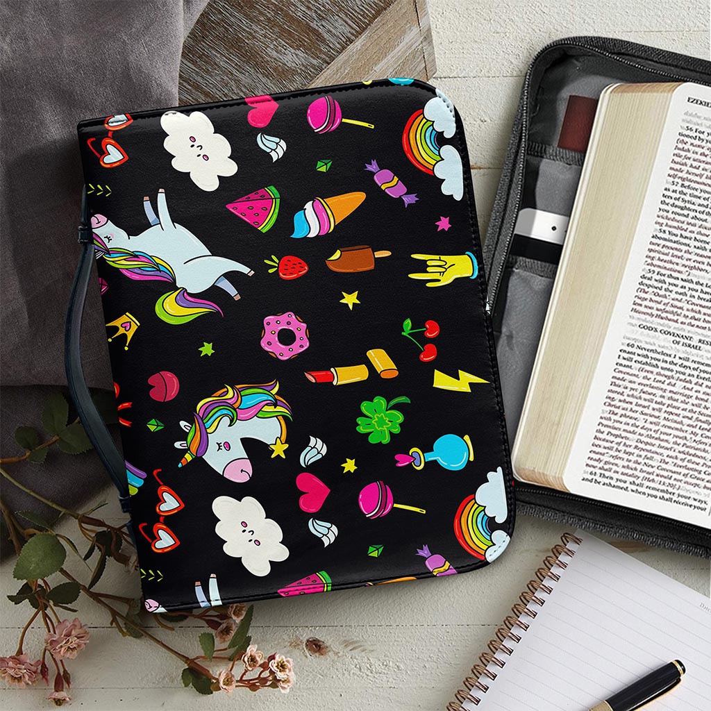 Black Girly Unicorn Pattern Print Leather Bible Cover