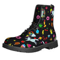 Black Girly Unicorn Pattern Print Lace-Up Boots