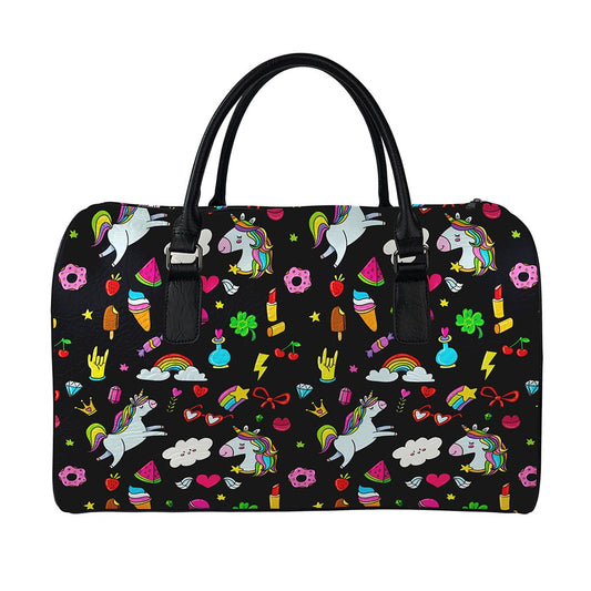 Black Girly Unicorn Pattern Print Leather Duffle Bag