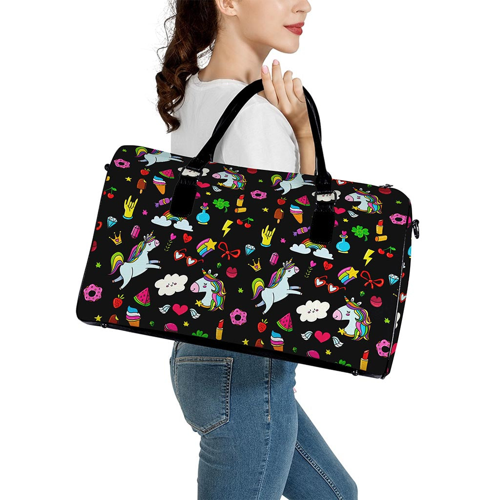 Black Girly Unicorn Pattern Print Leather Duffle Bag