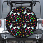 Black Girly Unicorn Pattern Print Leather Spare Tire Cover