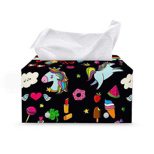 Black Girly Unicorn Pattern Print Leather Tissue Box Cover