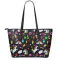 Black Girly Unicorn Pattern Print Leather Tote Bag With Zipper