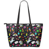 Black Girly Unicorn Pattern Print Leather Tote Bag