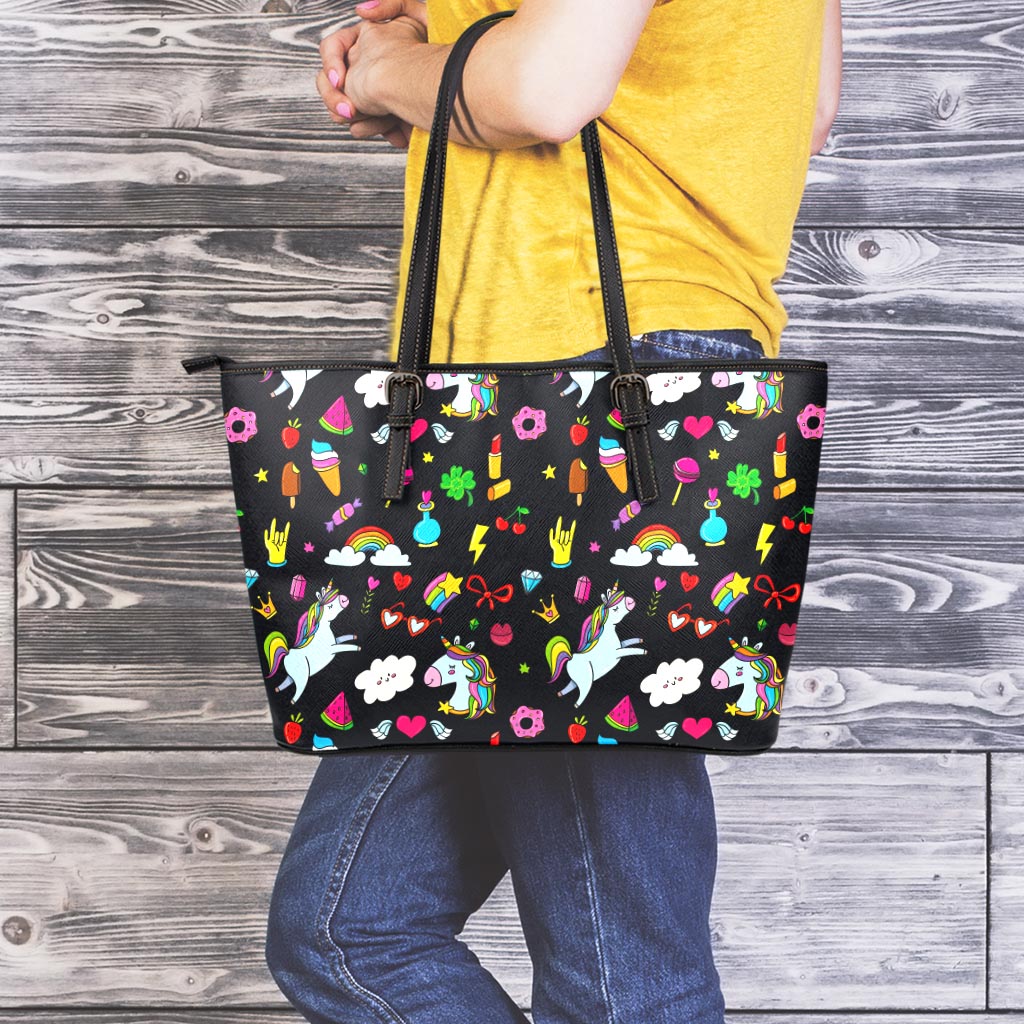 Black Girly Unicorn Pattern Print Leather Tote Bag