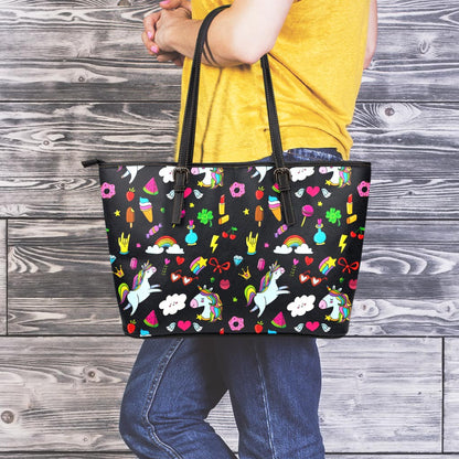 Black Girly Unicorn Pattern Print Leather Tote Bag