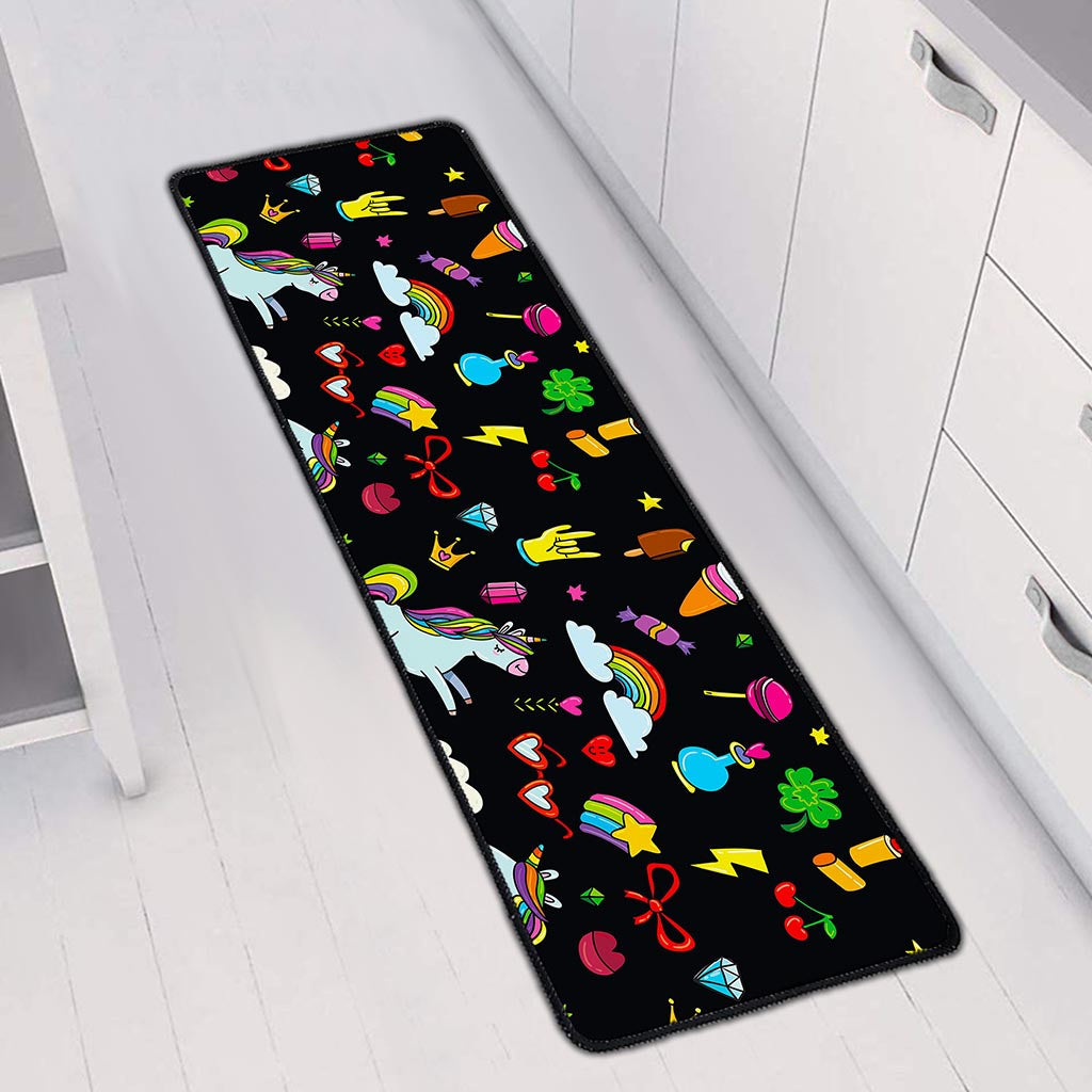 Black Girly Unicorn Pattern Print Long Kitchen Mat