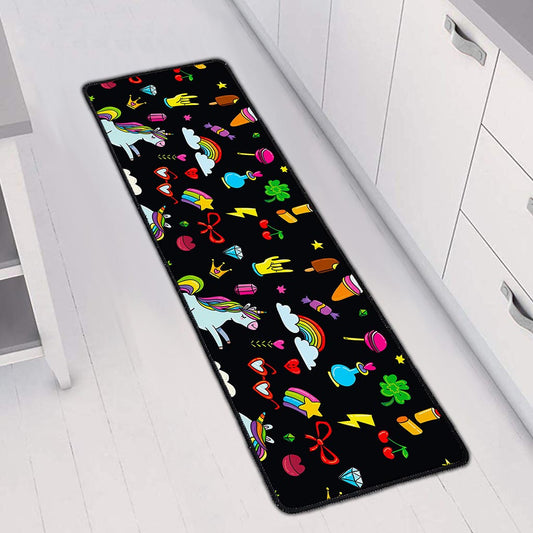 Black Girly Unicorn Pattern Print Long Kitchen Mat