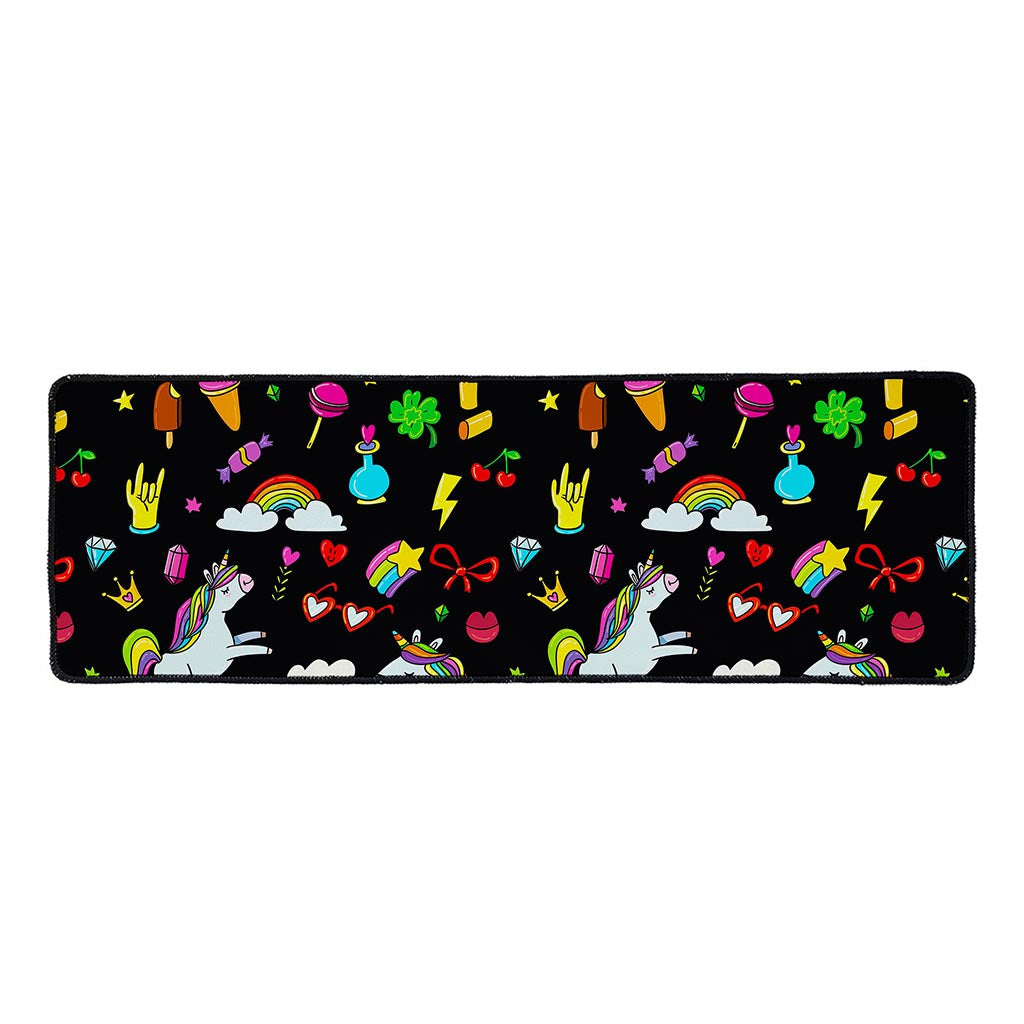 Black Girly Unicorn Pattern Print Long Kitchen Mat