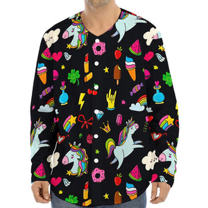 Black Girly Unicorn Pattern Print Long Sleeve Baseball Jersey