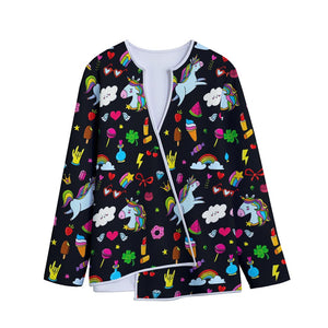 Black Girly Unicorn Pattern Print Long Sleeve Short Coat