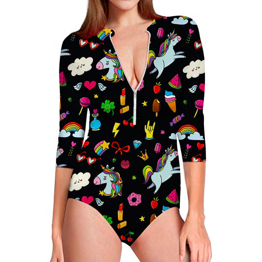 Black Girly Unicorn Pattern Print Long Sleeve Swimsuit